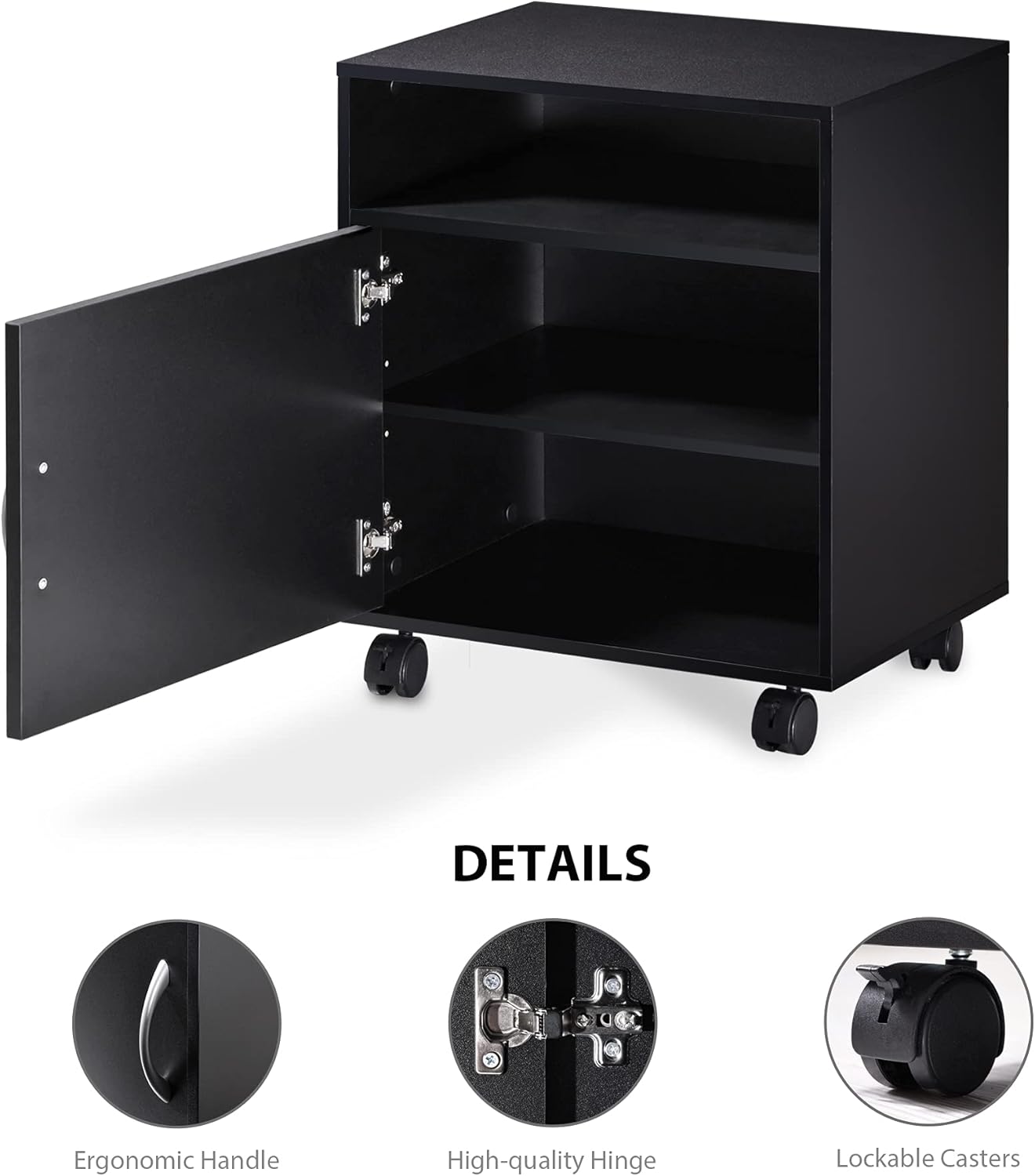 Mobile Black Wood Printer Stand with Storage Shelves and Wheels Z9112