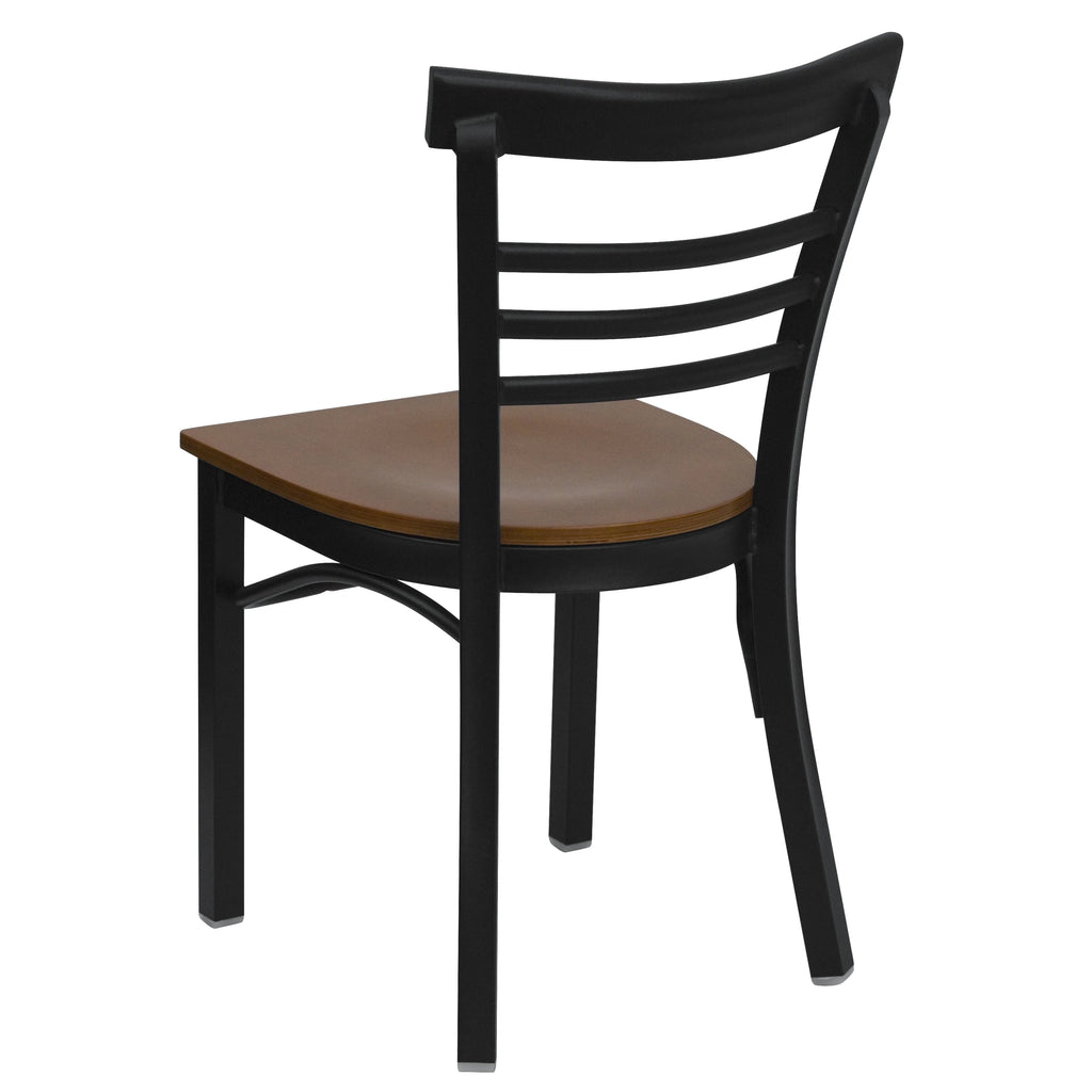 Black Three-Slat Ladder Back Metal Restaurant Chair with Cherry Wood Seat M829058