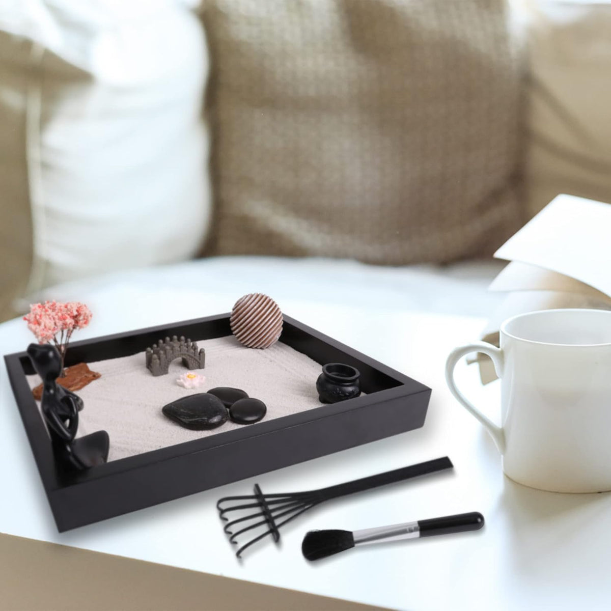 Zen Garden Desk Decor Set with Wooden Tray, White Sands, Rocks, Rake Tools, Pack of 2 M152269