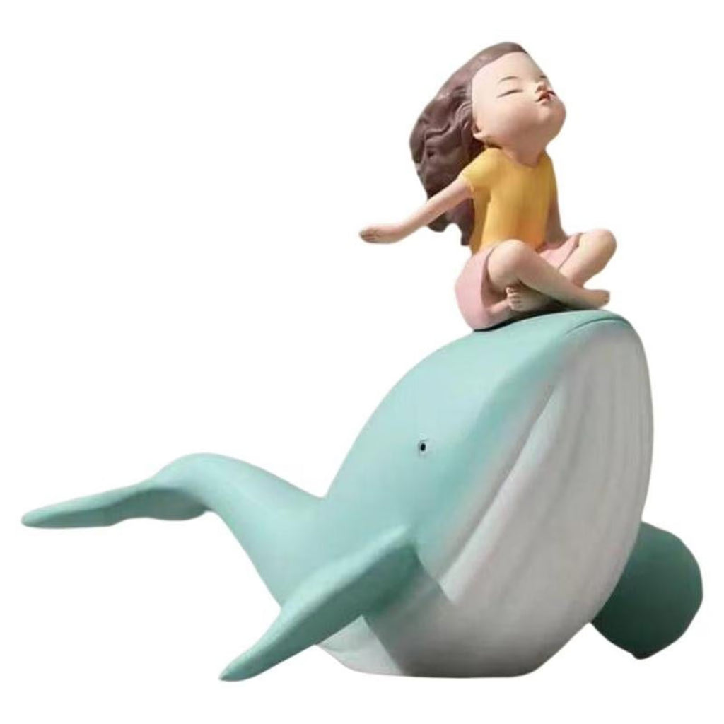 Nordic Girl and Whale Figurine Statue Sculpture I436