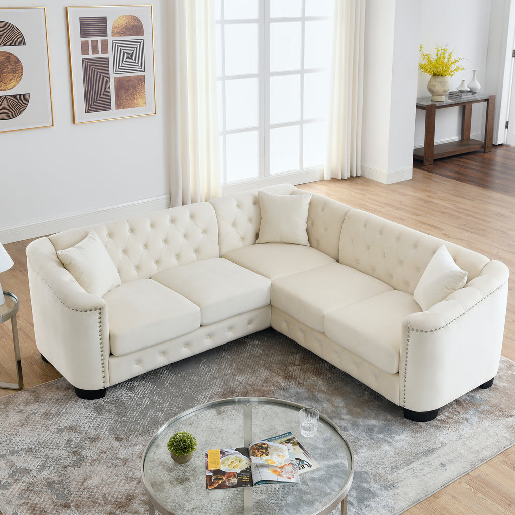 Beige Velvet 5-Seater Corner Sofa with 3 Cushions S4099