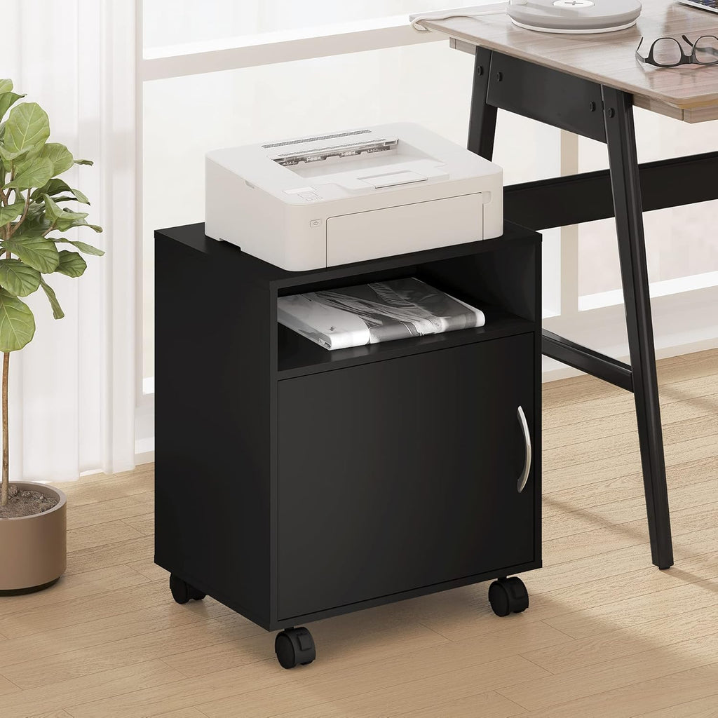 Mobile Black Wood Printer Stand with Storage Shelves and Wheels Z9112