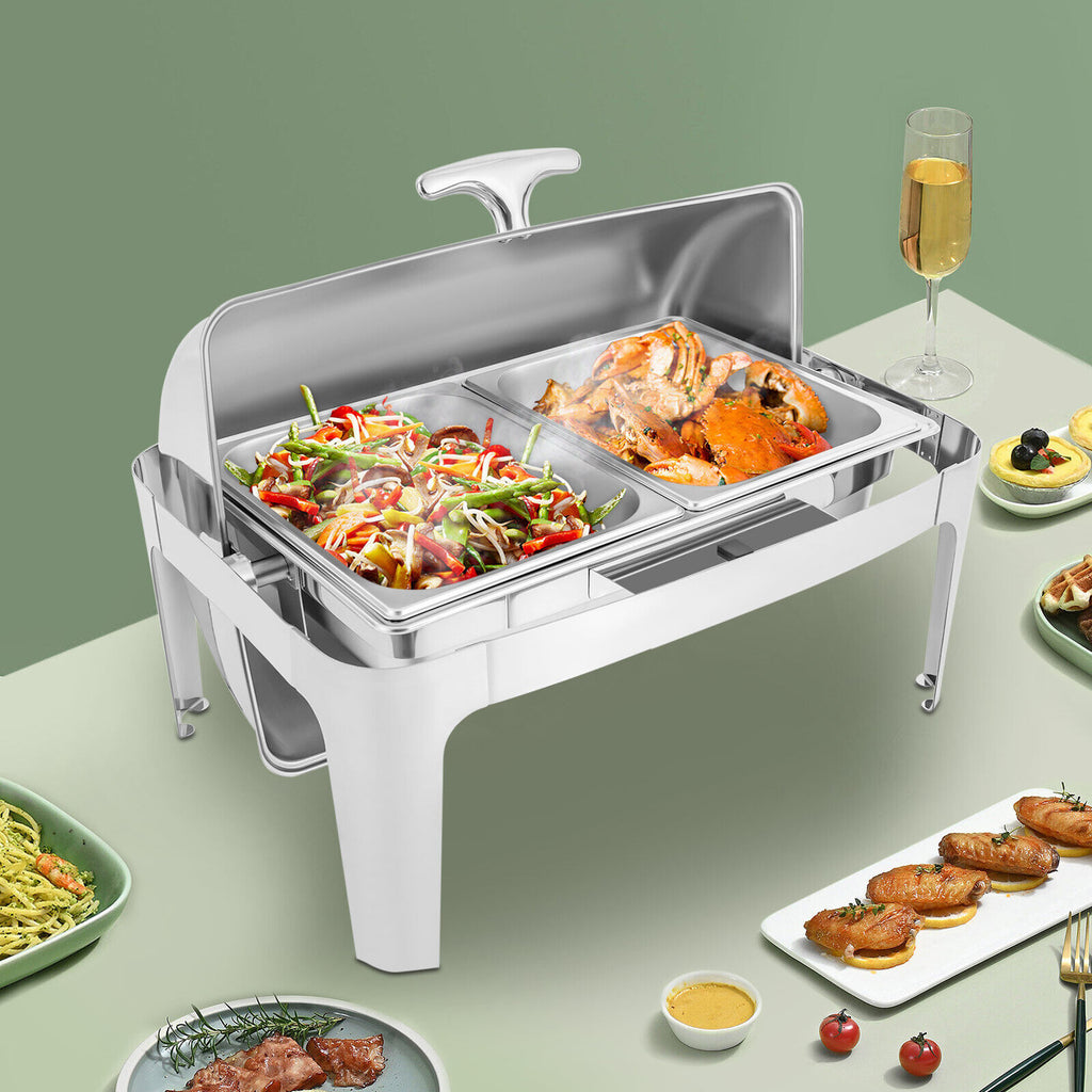Silver Stainless Steel Chafer Buffet Chafing Dish Set Roll Top Food Warmer U456