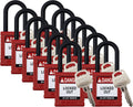 Red Keyed Different Safety Lockout Padlocks, 12 Pack, 1 Key Per Lock T851236