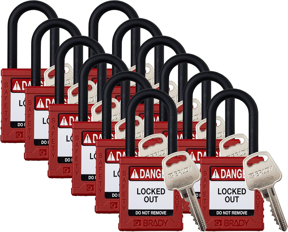 Red Keyed Different Safety Lockout Padlocks, 12 Pack, 1 Key Per Lock T851236