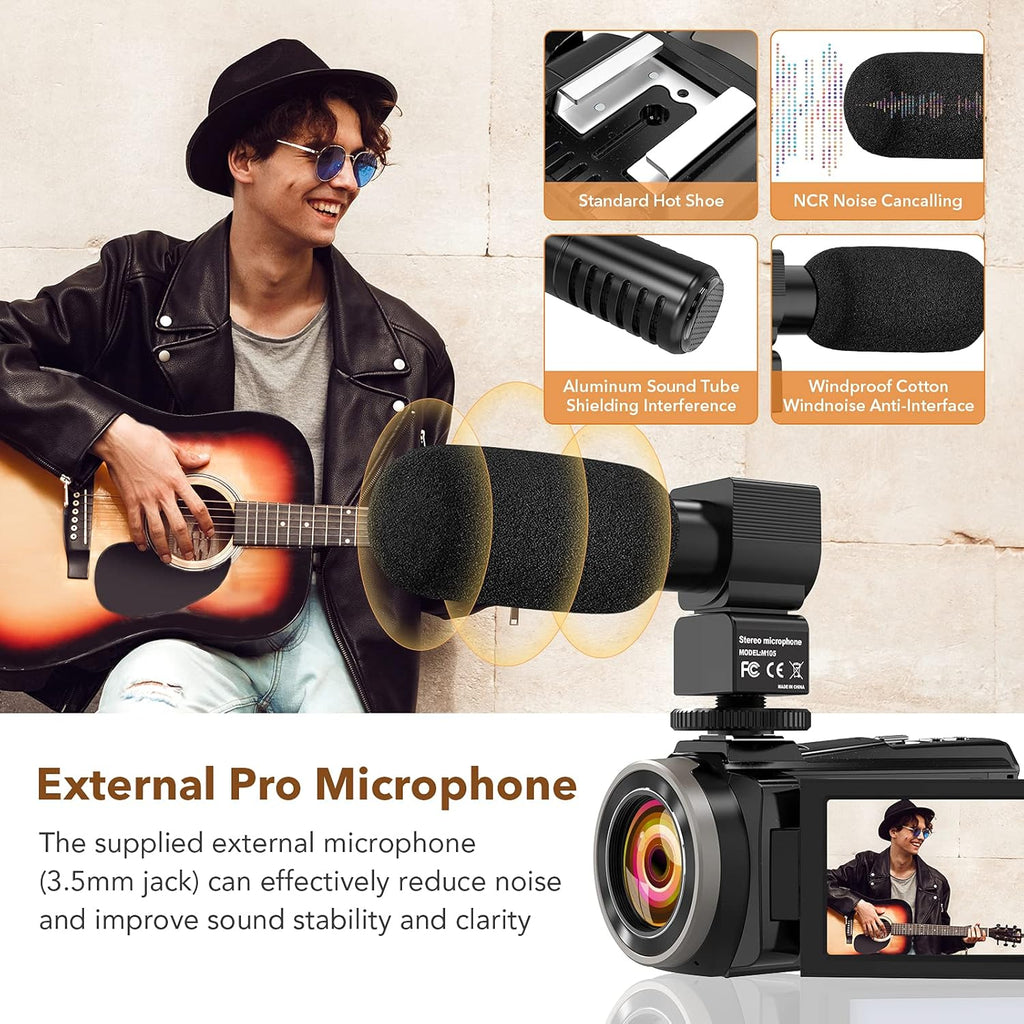 4K 60FPS 48MP Camcorder with Microphone and 2 Batteries F724733