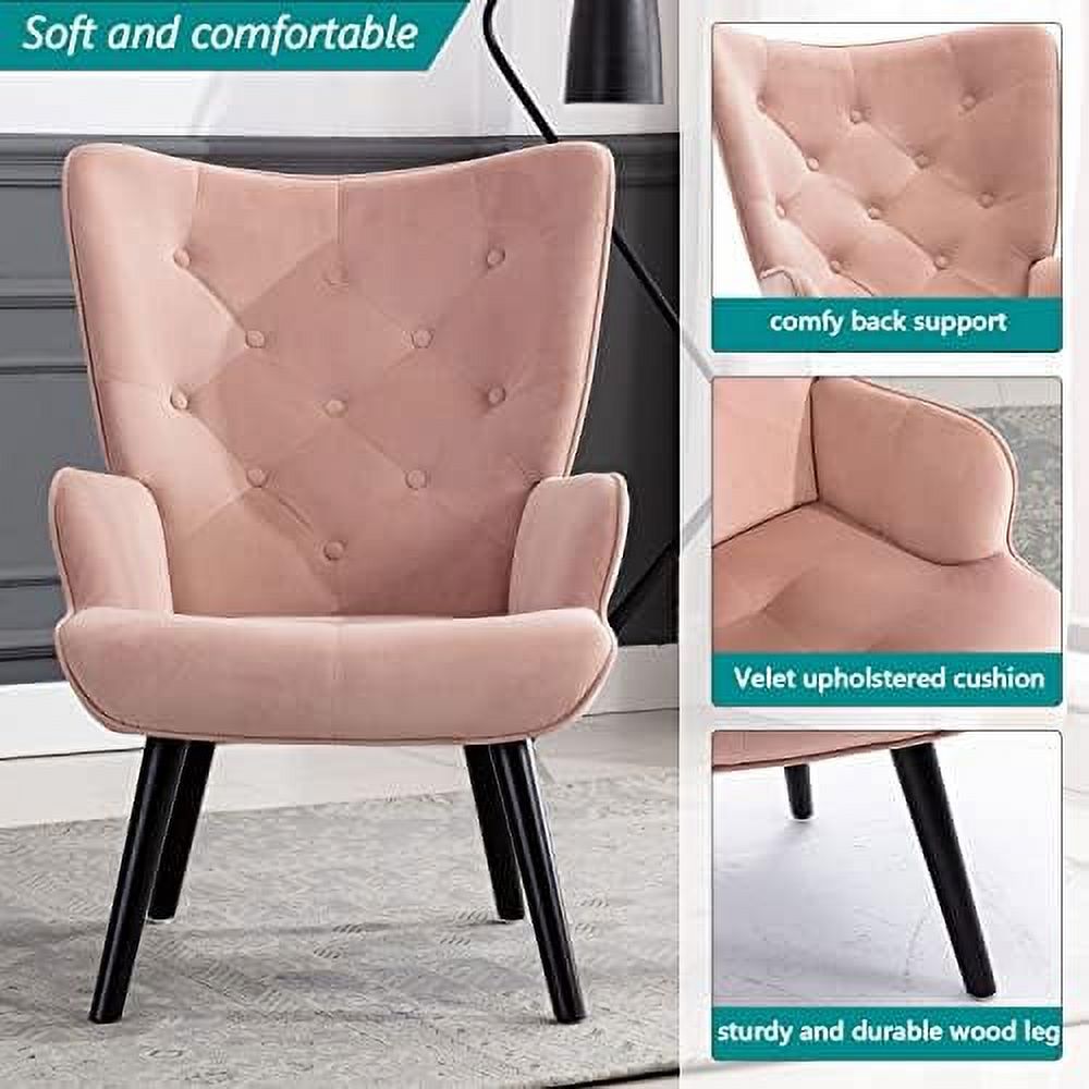 Yellow Velvet Tufted Wingback Chair with Arms Solid Wood Legs U987