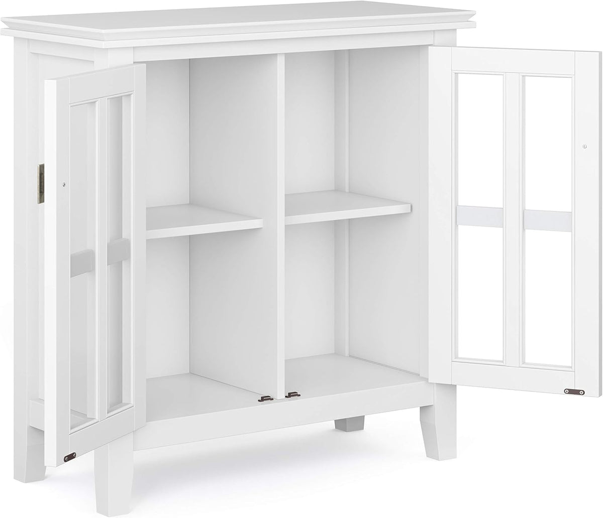 White 30 inch Solid Wood Low Storage Cabinet with 2 Tempered Glass Doors and 2 Adjustable Shelves Y12170