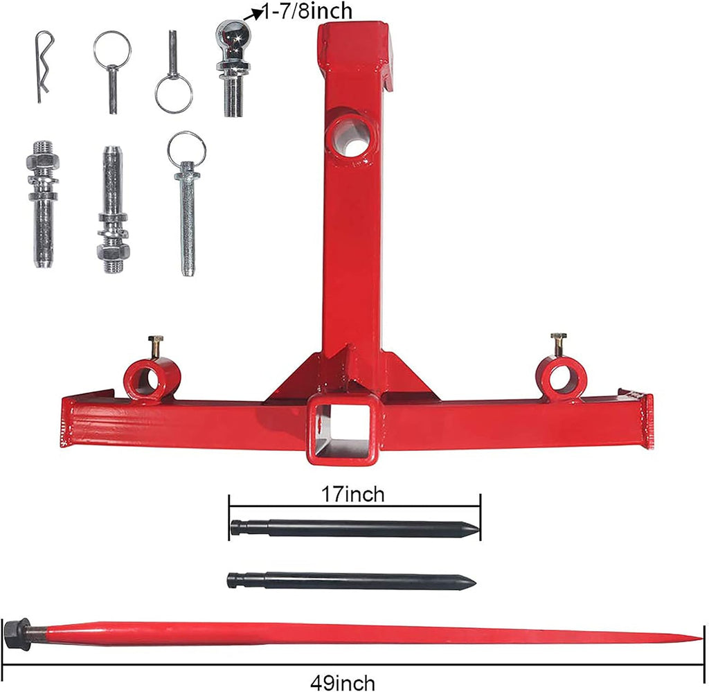 49” Hay Bale Spear 3 Point Trailer Hitch with 2" Receivers for Category 1 Tractors with 2 x 17” Stabilizer Spears 3000lbs Capacity & 1-7/8'' Trailer Ball Gooseneck Drawbar H4678