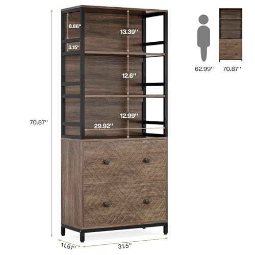 Brown 2-Drawer File Cabinet with 3 Open Storage Shelves I35284
