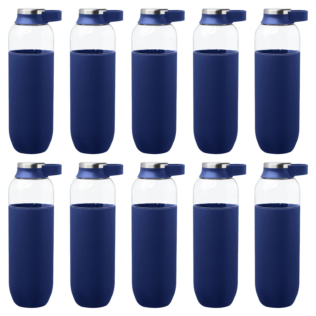 Navy Blue Plastic Water Bottles with Carrier Handle, 27 oz, Set of 10 H913297