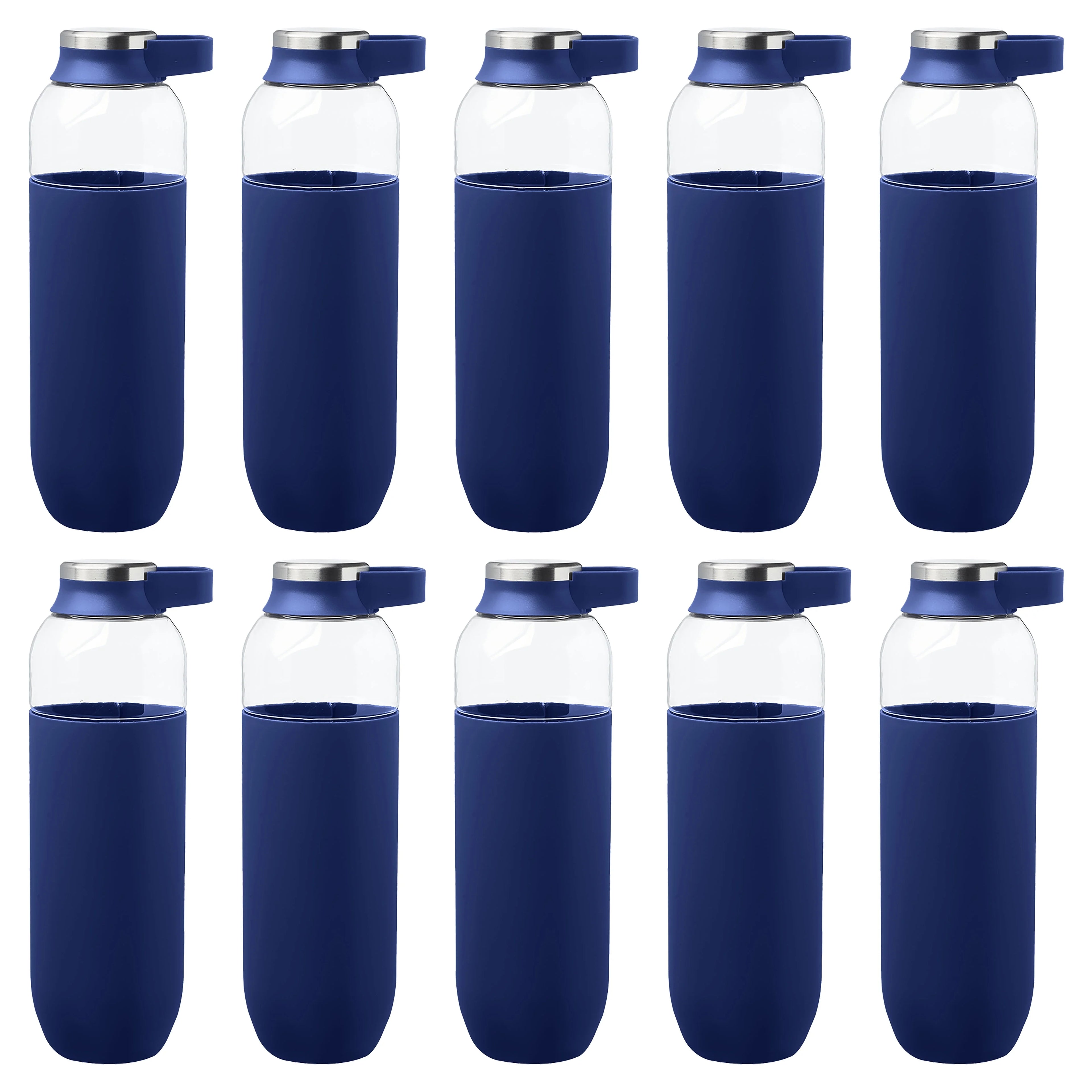Navy Blue Plastic Water Bottles with Carrier Handle, 27 oz, Set of 10 H913297