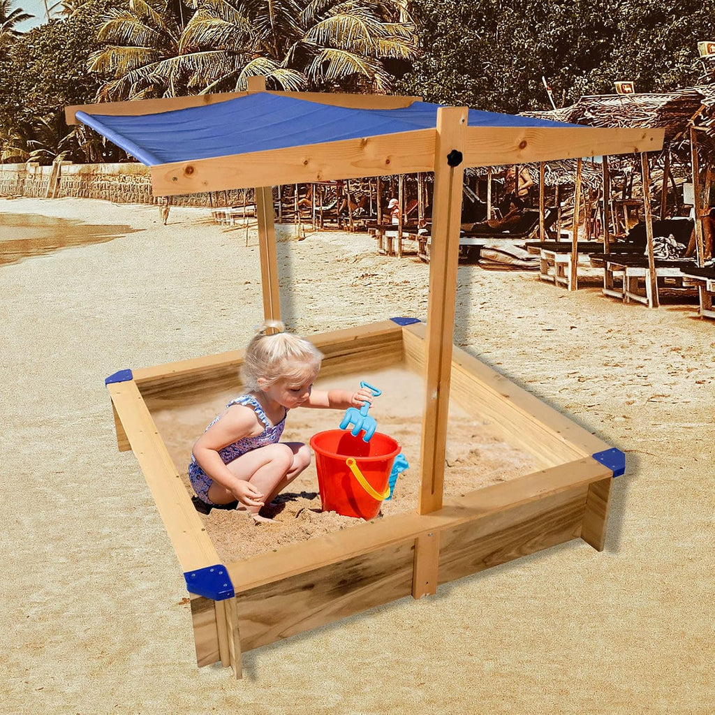Kids Sandbox with Cover Wooden Outdoor Sandbox with Canopy Black H84545