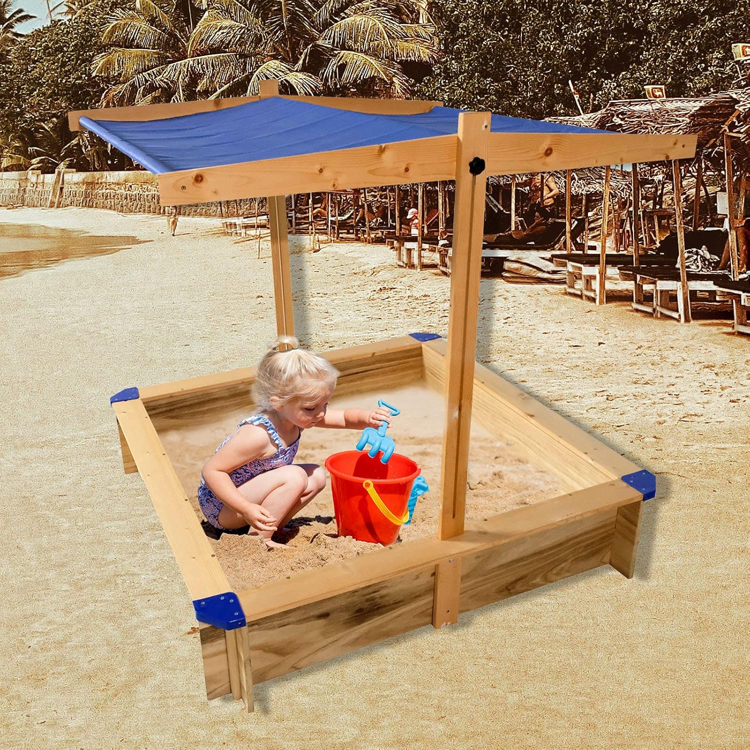 Kids Sandbox with Cover Wooden Outdoor Sandbox with Canopy Black H84545