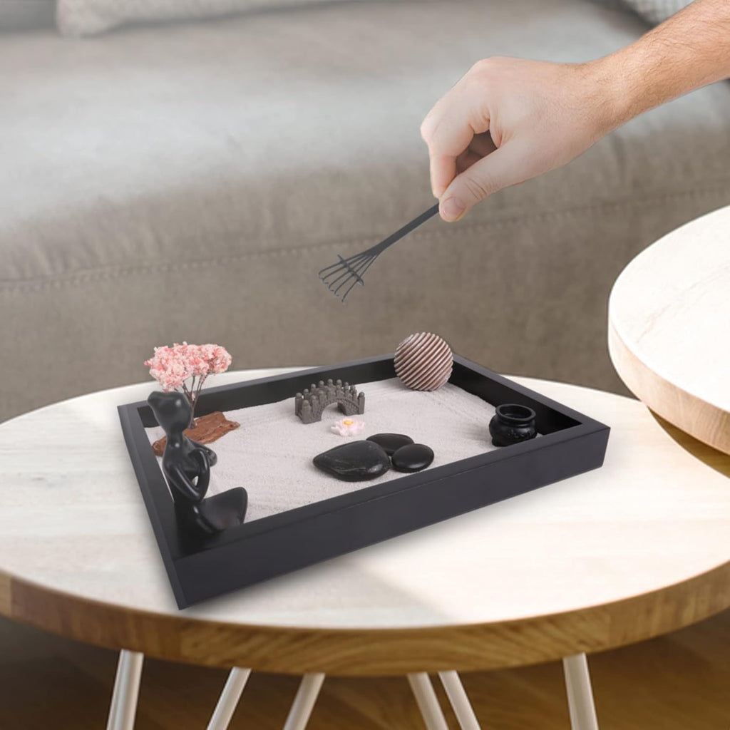 Zen Garden Desk Decor Set with Wooden Tray, White Sands, Rocks, Rake Tools, Pack of 2 M152269