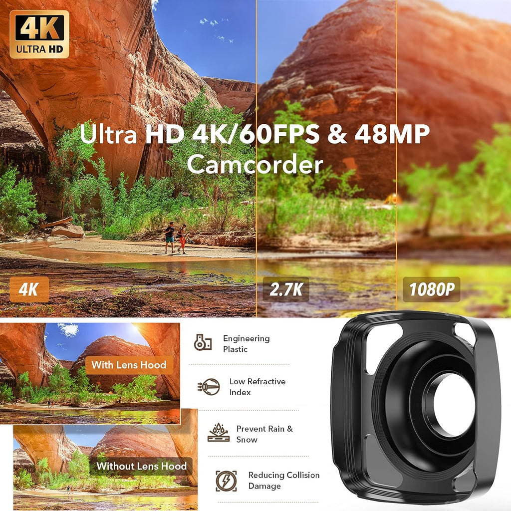 4K 60FPS 48MP Camcorder with Microphone and 2 Batteries F724733