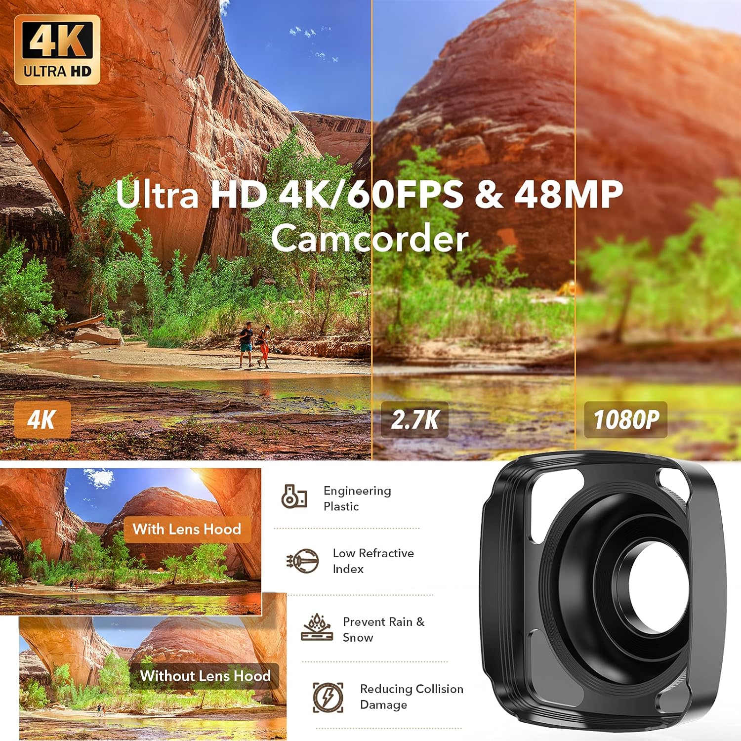 4K 60FPS 48MP Camcorder with Microphone and 2 Batteries F724733