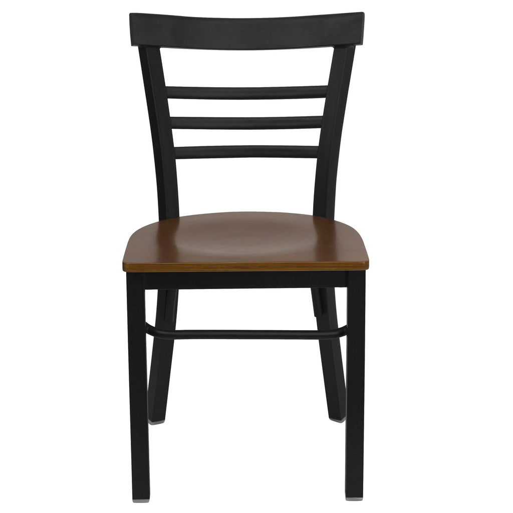 Black Three-Slat Ladder Back Metal Restaurant Chair with Cherry Wood Seat M829058