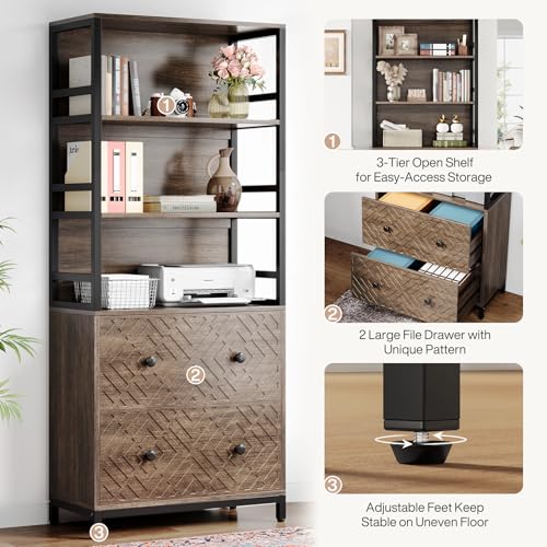 Brown 2-Drawer File Cabinet with 3 Open Storage Shelves I35284