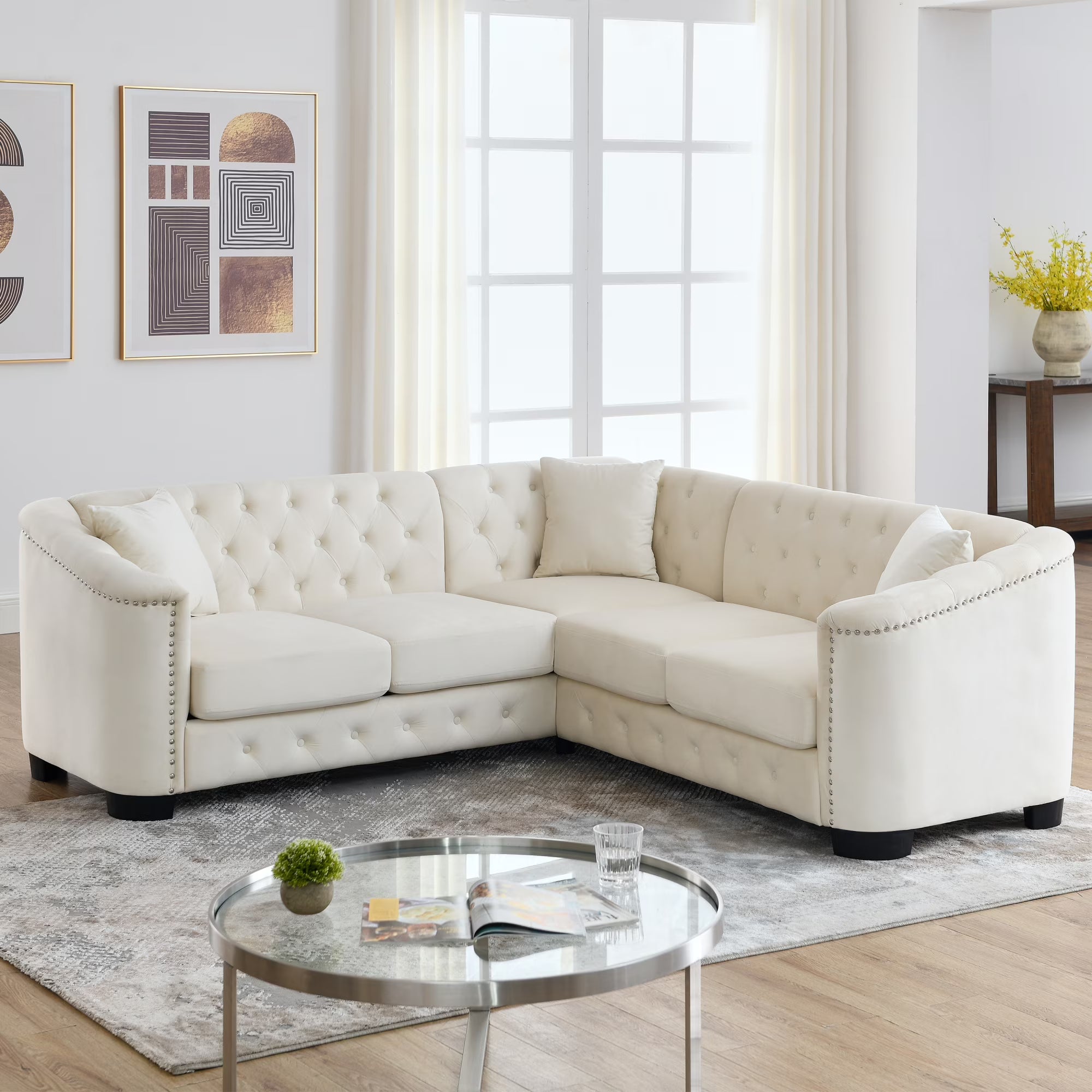 Beige Velvet 5-Seater Corner Sofa with 3 Cushions S4099