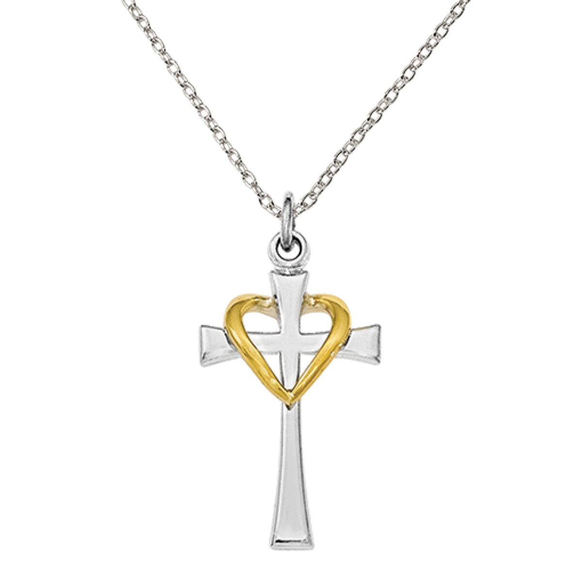 Polished Cross with Heart Pendant On 18-inch Cable Chain E623
