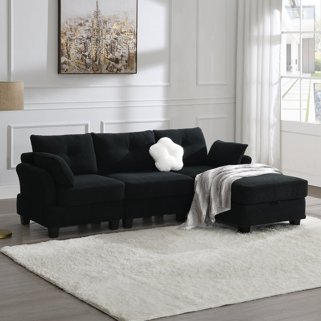 Black Velvet Sectional Sofa with Storage Ottoman O377