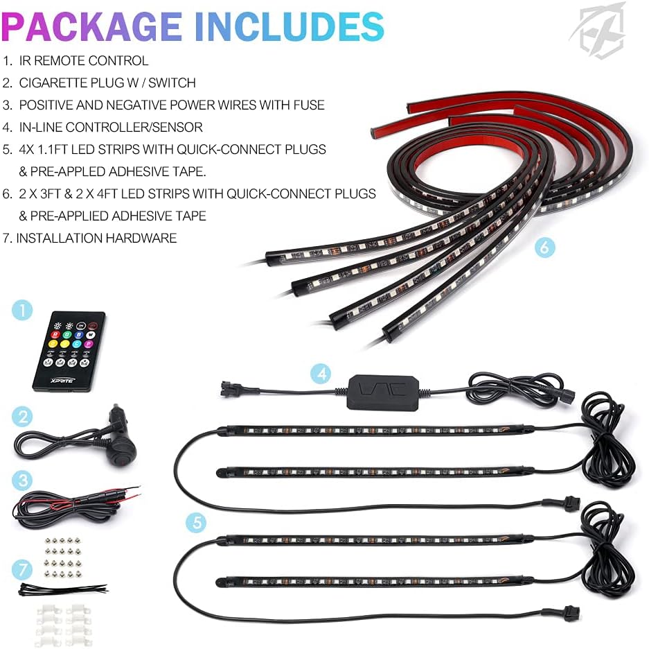 RGB LED Car Underglow Light Kit, 8PCS Bluetooth APP Control Strip H9478