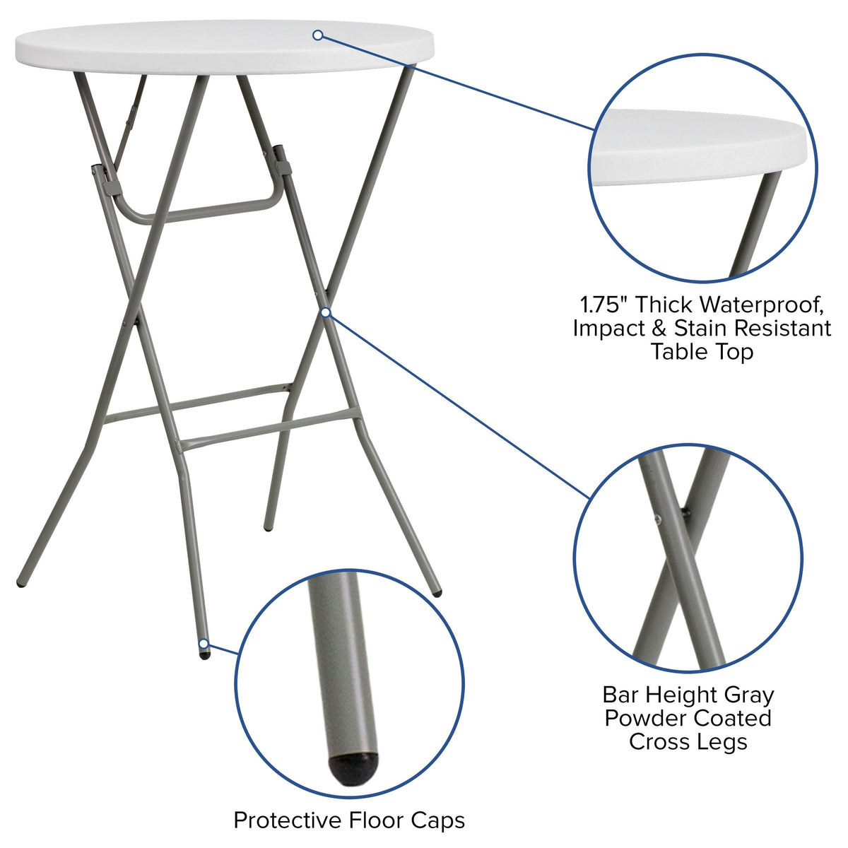 32-Inch Round Granite White Plastic Bar Height Folding Table T6181