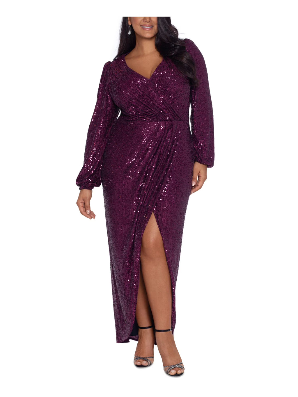 Burgundy Sequined Slitted Long Sleeve V Neck Tea-Length Evening Gown Dress Plus 18W D927551