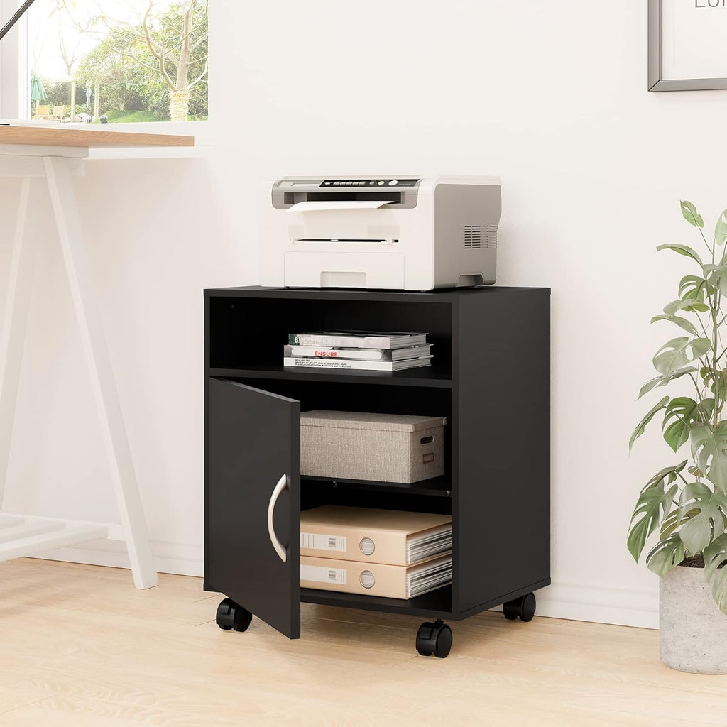 Mobile Black Wood Printer Stand with Storage Shelves and Wheels Z9112