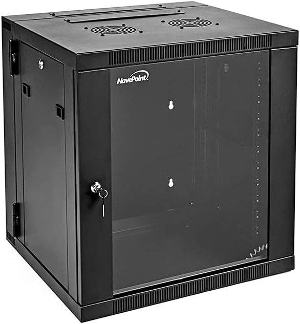 12U Wall-Mount Network Cabinet Enclosure, 650mm Depth, Hinged Back, Swing Gate Server Cabinet, Locks, Pre-Assembled, Reversible Glass Front Door, 2 Fans W760457