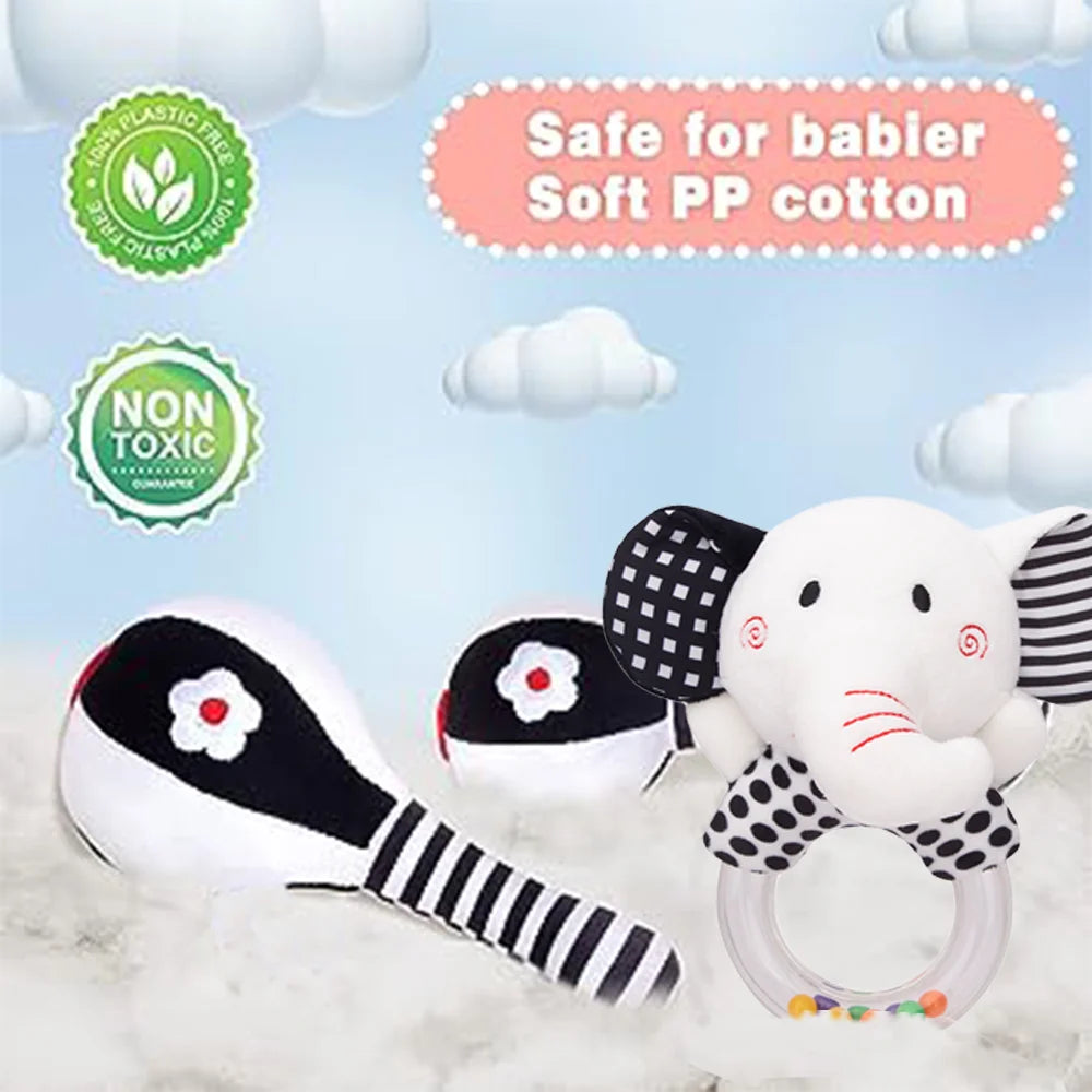 3PCS Soft Plush Baby Rattles High Contrast Black and White Sensory Toy T7273