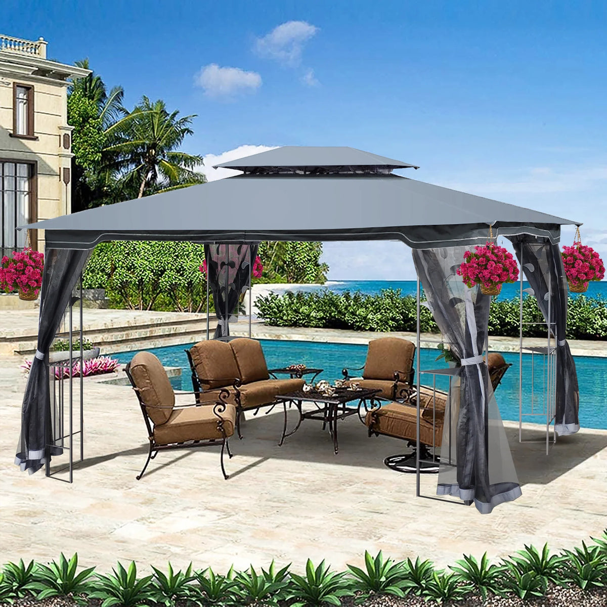 Gray Outdoor Patio Gazebo Canopy Tent With Ventilated Double Roof And Mosquito Net P425295