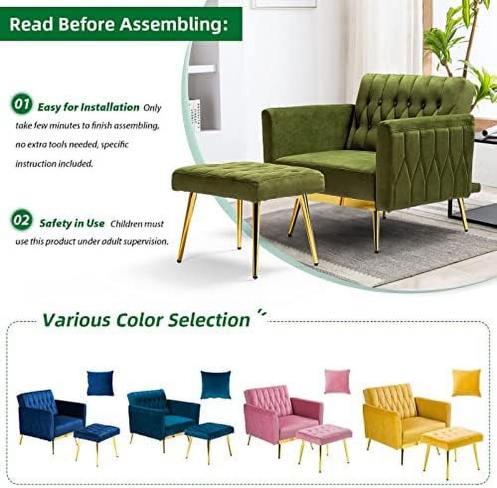Olive Green Velvet Single Recliner Armchair with Ottoman and Pillow G903867