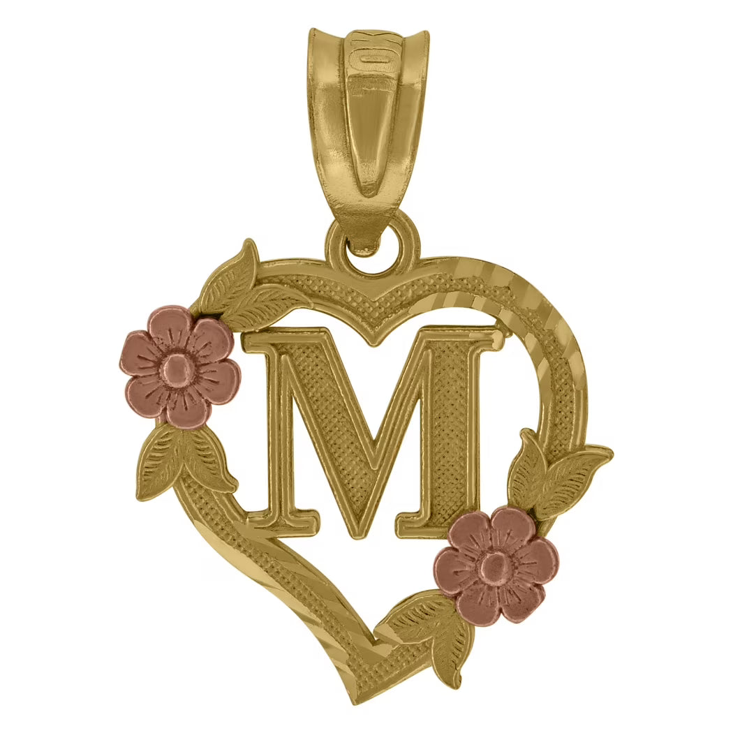 Two Tone Gold Love Heart Flower Initial Letter M Charm Pendant Necklace K461413