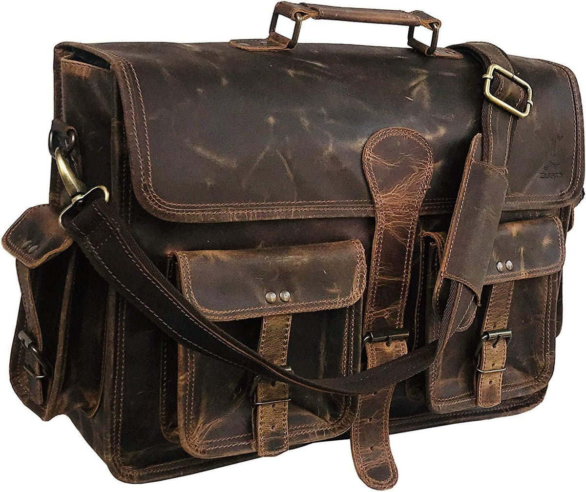 Vintage Brown Leather Laptop Messenger Bag Q4688