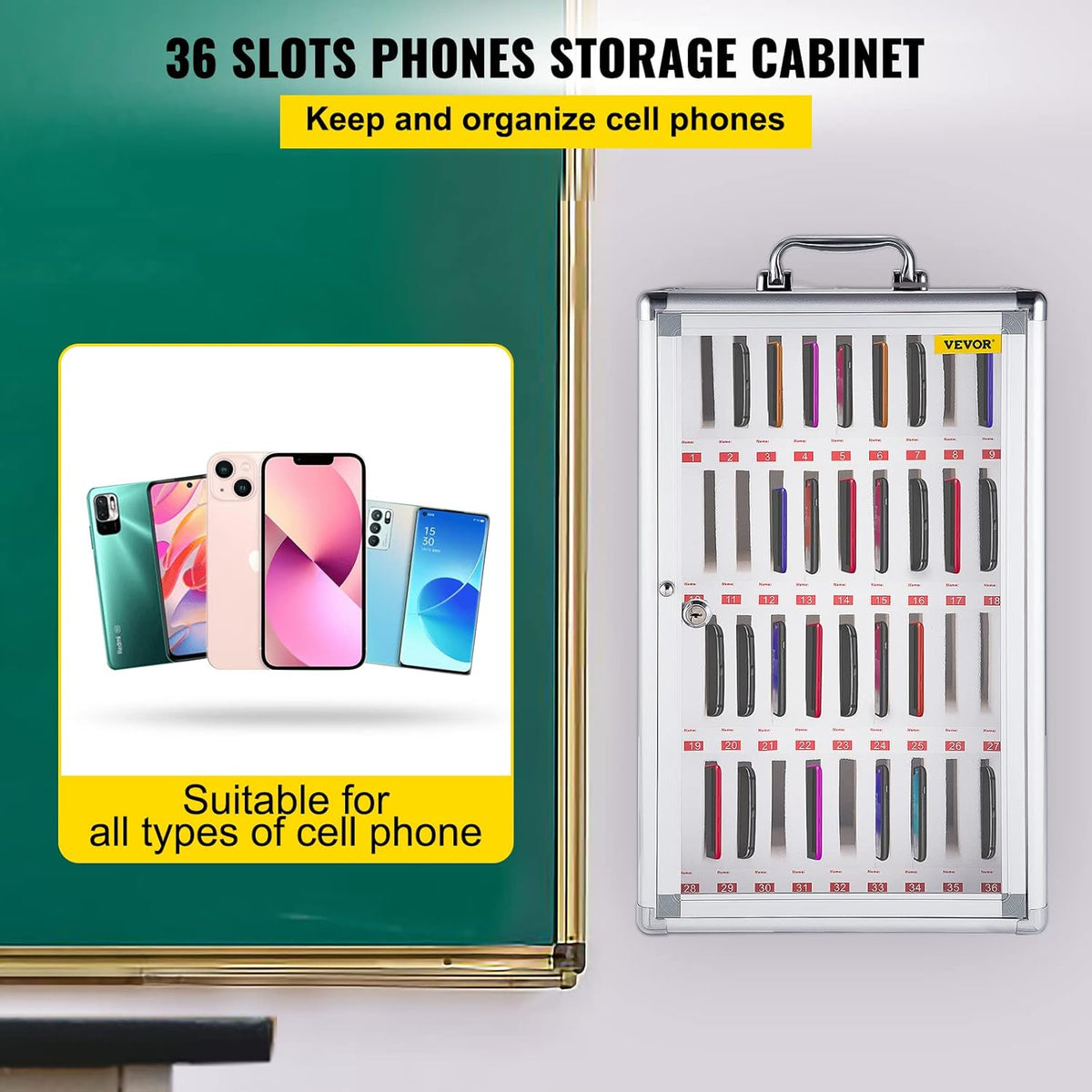 36 Slots Silver Aluminum Alloy Cell Phone Cabinet with Key Lock S490890