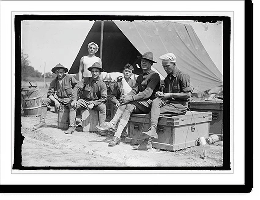 Historic Framed Print, U.S. Army group of soldiers in front of tent, 17-7/8" x 21-7/8" T455452