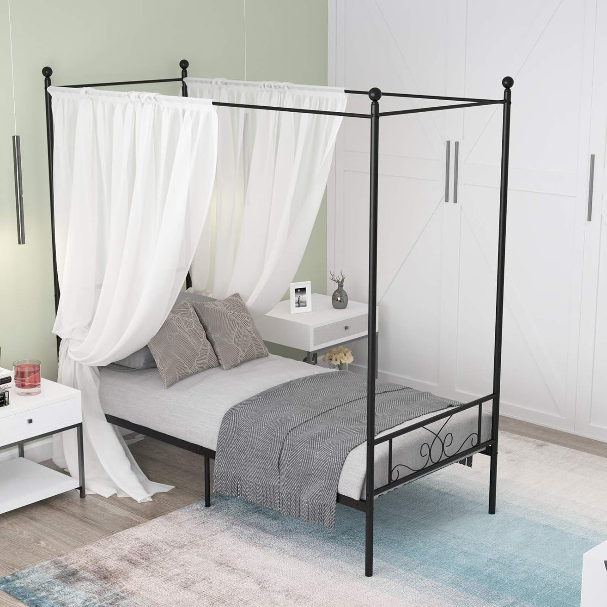 Twin White Metal Canopy Bed Frame with Steel Slats L52966