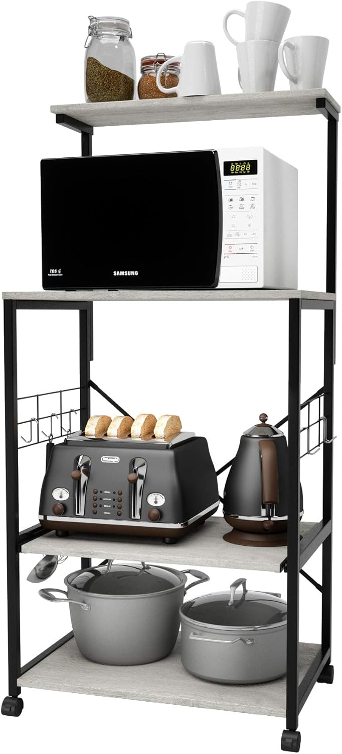 4 Tier Kitchen Utility Storage Shelf Cart on Wheels with Side Hooks (Gray) Q5887