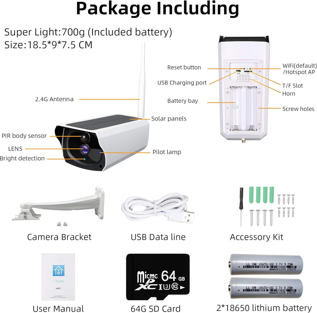 Outdoor Solar Security Camera 1080P HD Wireless WiFi Surveillance Camera with Night Vision, 2-Way Audio, IP67 Waterproof, 64G SD Card S7634
