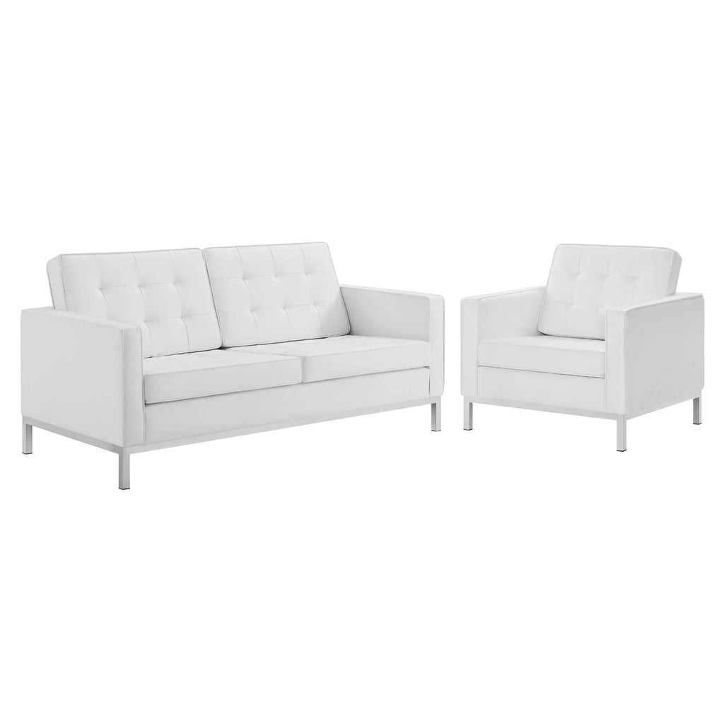 Silver White Faux Leather Loveseat and Armchair Set M841881