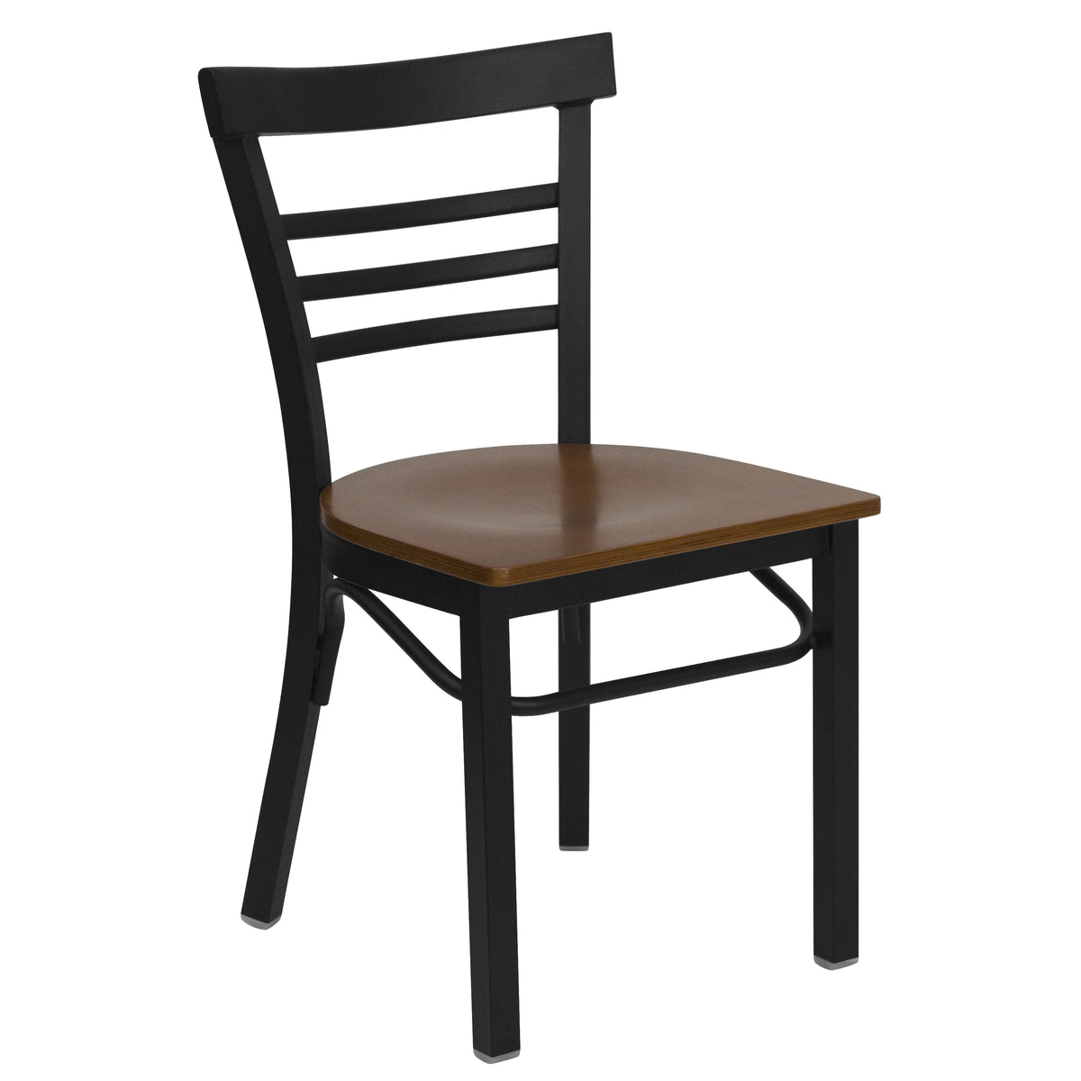 Black Three-Slat Ladder Back Metal Restaurant Chair with Cherry Wood Seat M829058