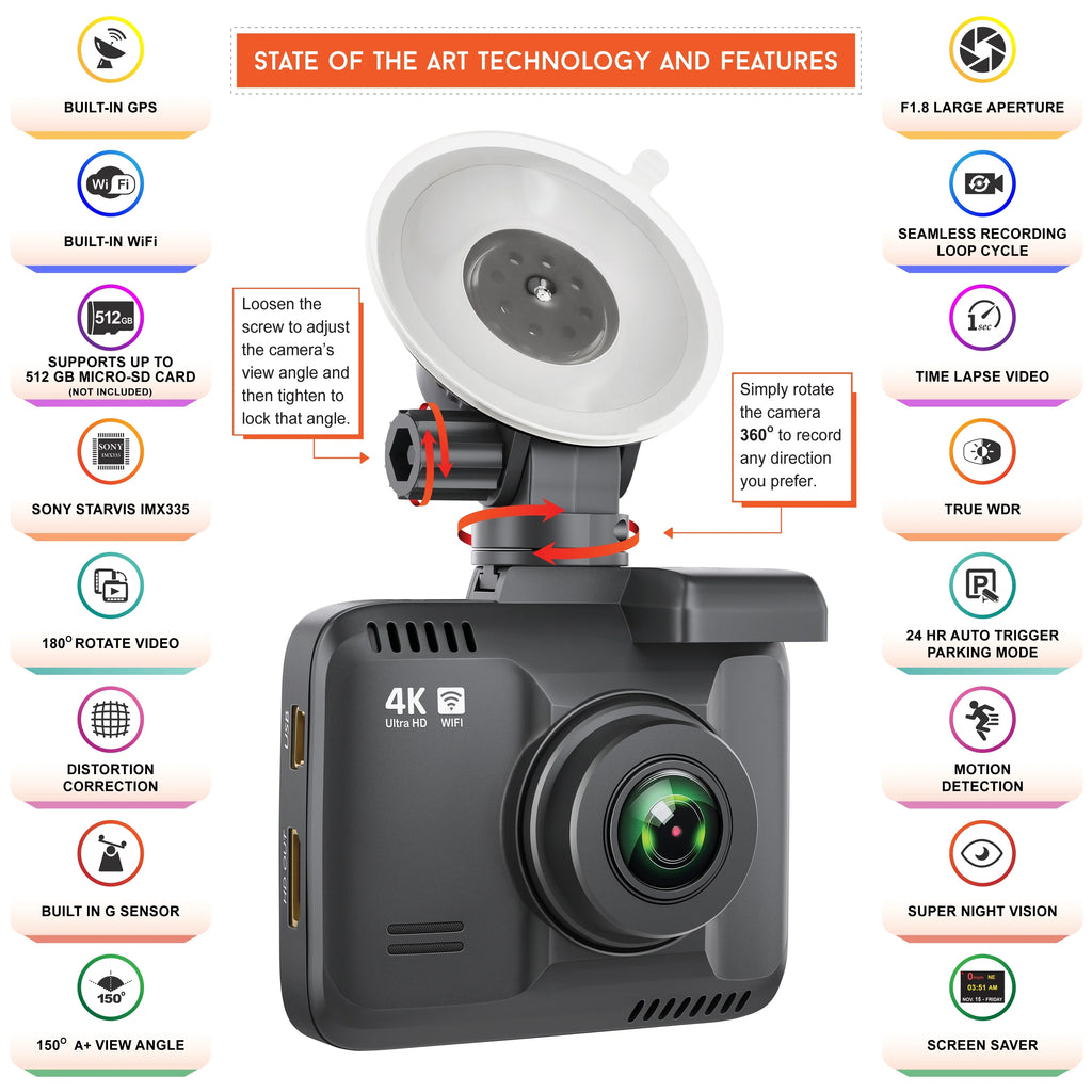 R2-4K Dash Cam with Built-in WiFi GPS, UHD 2160P, 2.4" LCD Display, 150° Wide Angle, WDR, Night Vision J9875