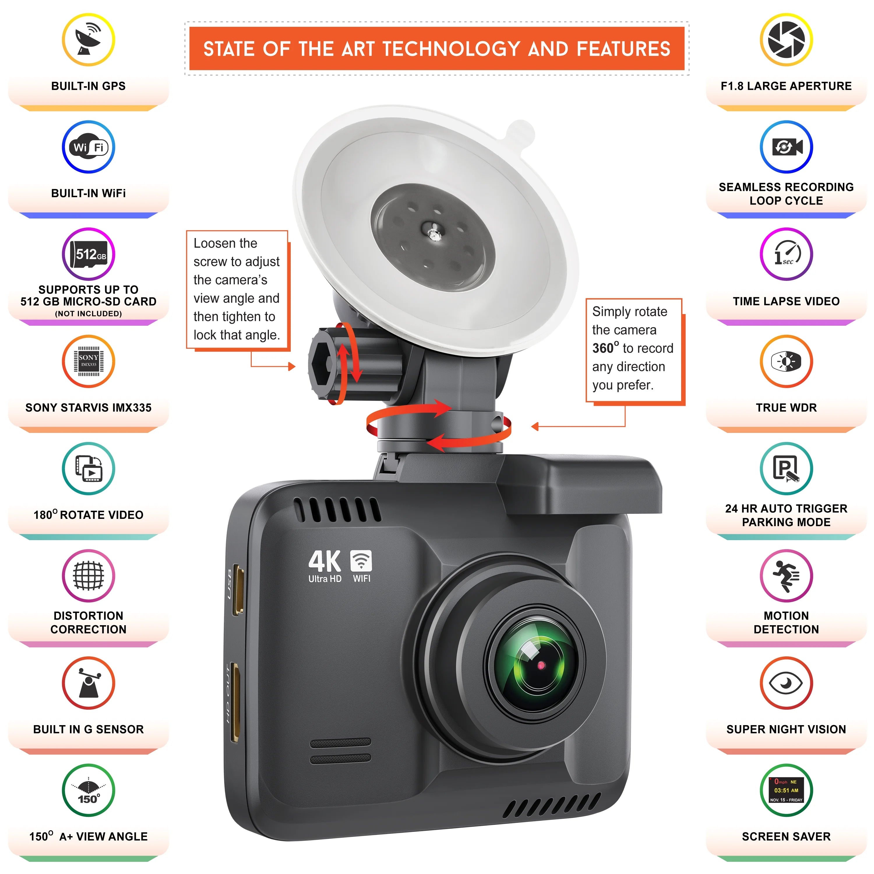 R2-4K Dash Cam with Built-in WiFi GPS, UHD 2160P, 2.4" LCD Display, 150° Wide Angle, WDR, Night Vision J9875