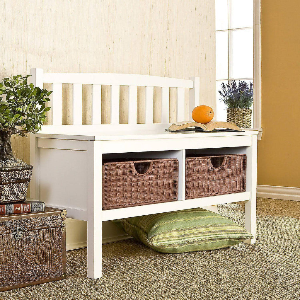 White Bench with Rattan Baskets C83281