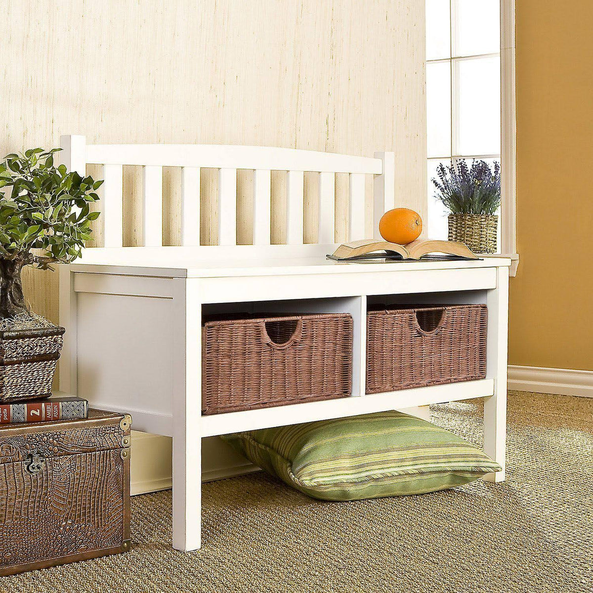 White Bench with Rattan Baskets C83281