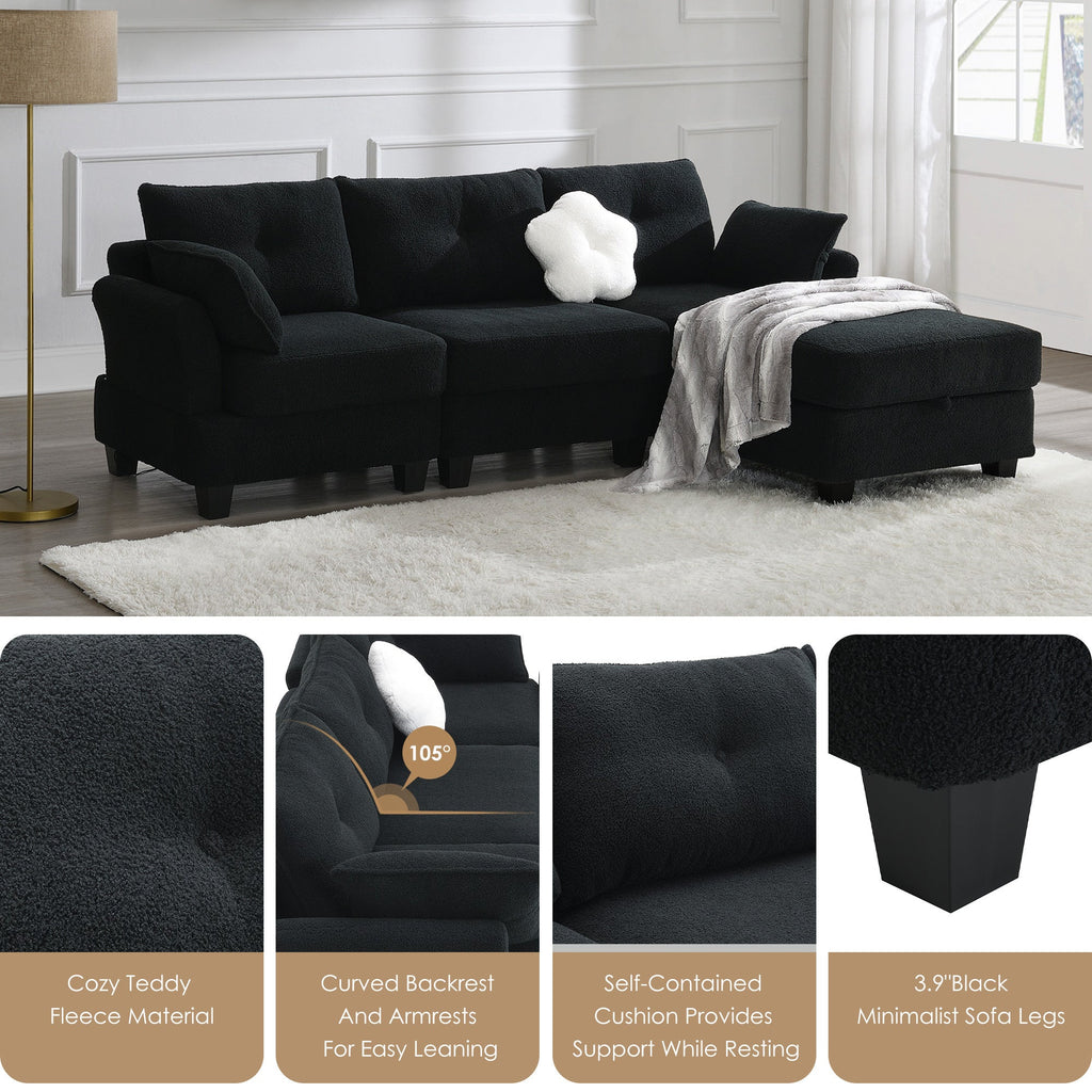 Black Velvet Sectional Sofa with Storage Ottoman O377
