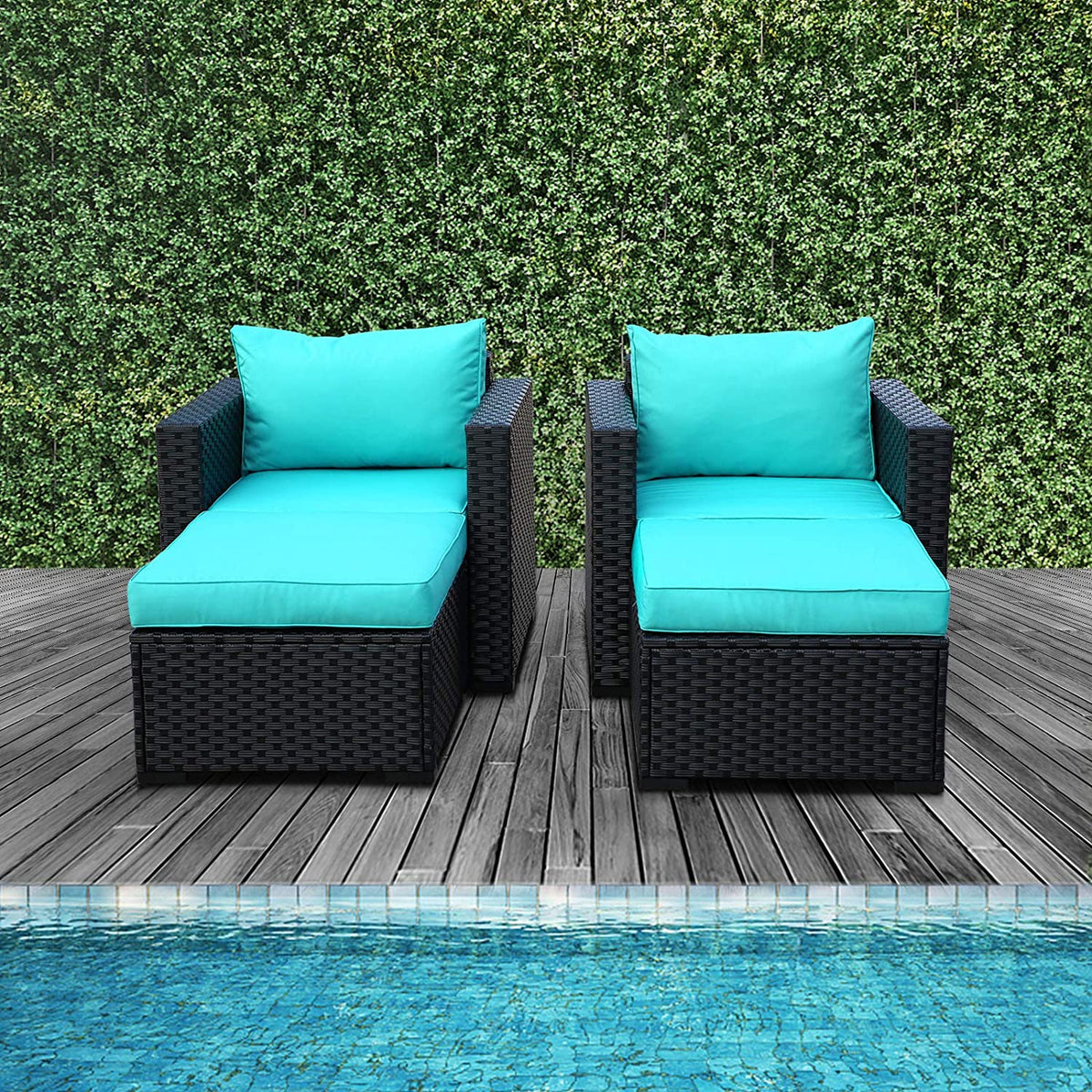 Black Rattan 4 Piece Outdoor Wicker Sectional Sofa with Turquoise Cushions Z691