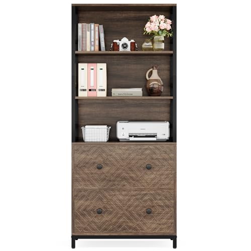 Brown 2-Drawer File Cabinet with 3 Open Storage Shelves I35284